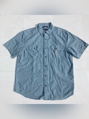 Carhartt Chambray Shirt Mens Large Blue Work Short Sleeve Loose Fit 104369